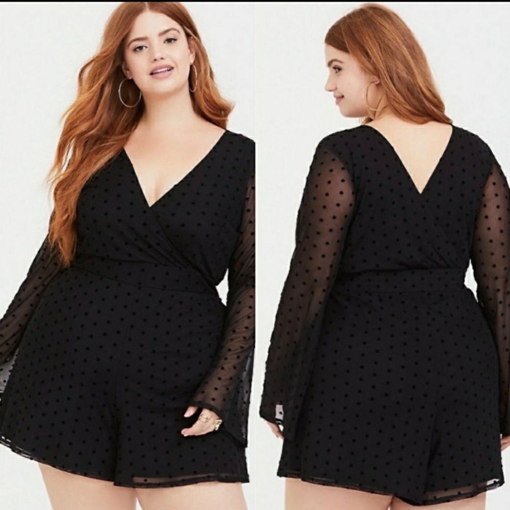Torrid Black Swiss Dot Bell Sleeve Romper